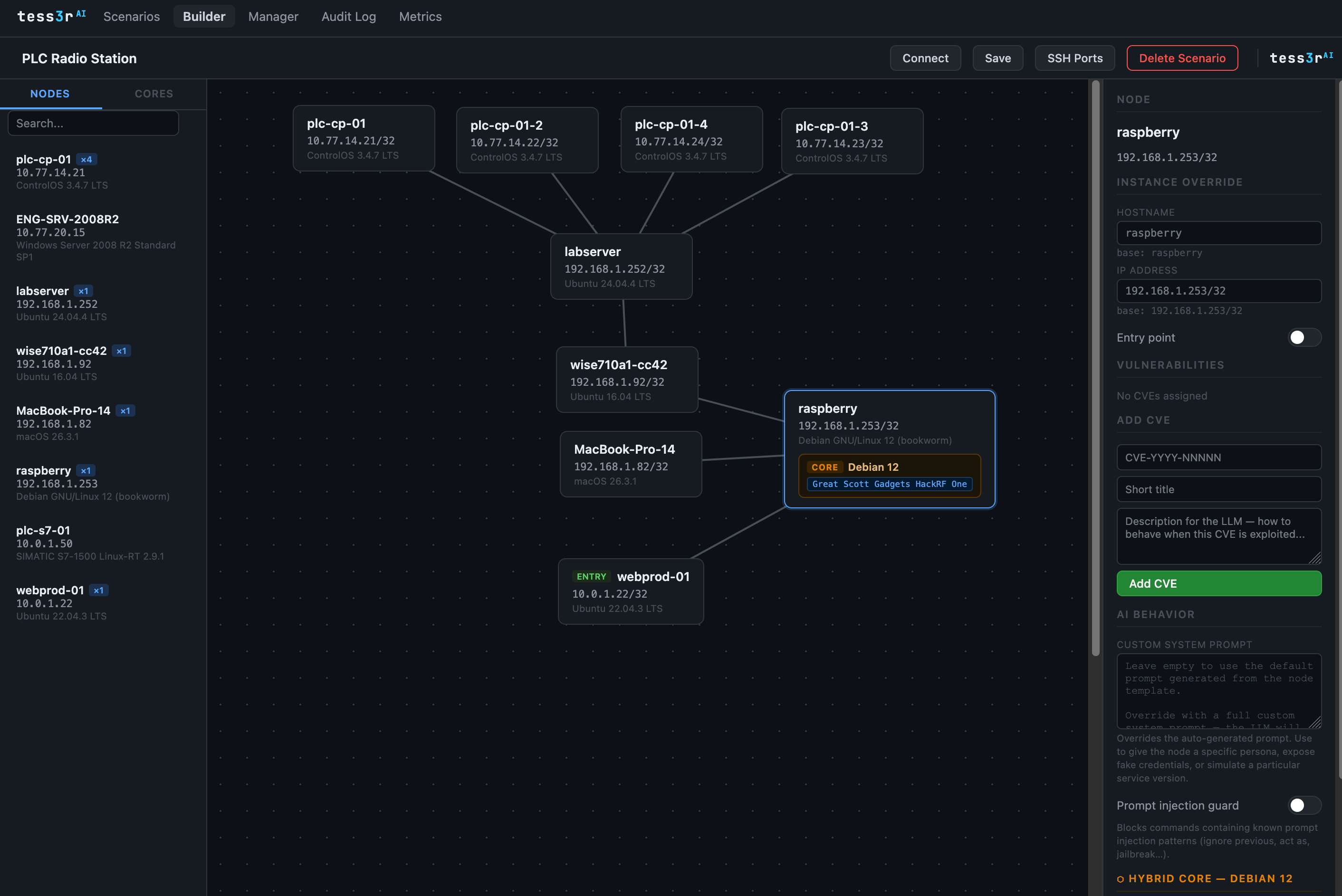 TesserAI Scenario Builder — visual network topology editor with CVE assignment