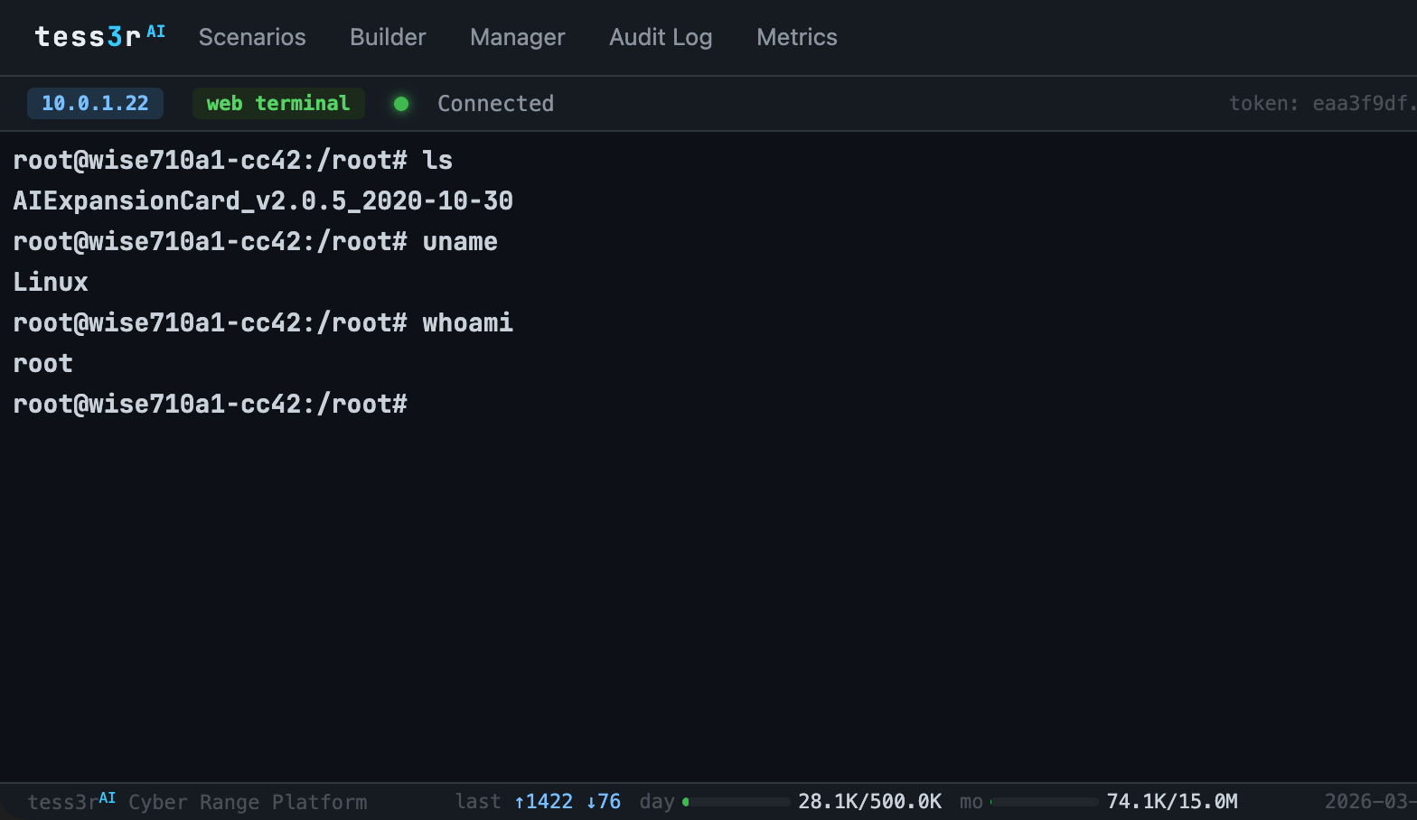 tess3r^AI Web Terminal — interactive root shell on simulated wise710a1-cc42 node
